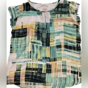 Van Heusen Top Blouse keyhole geometric Print Off-white Green Size M